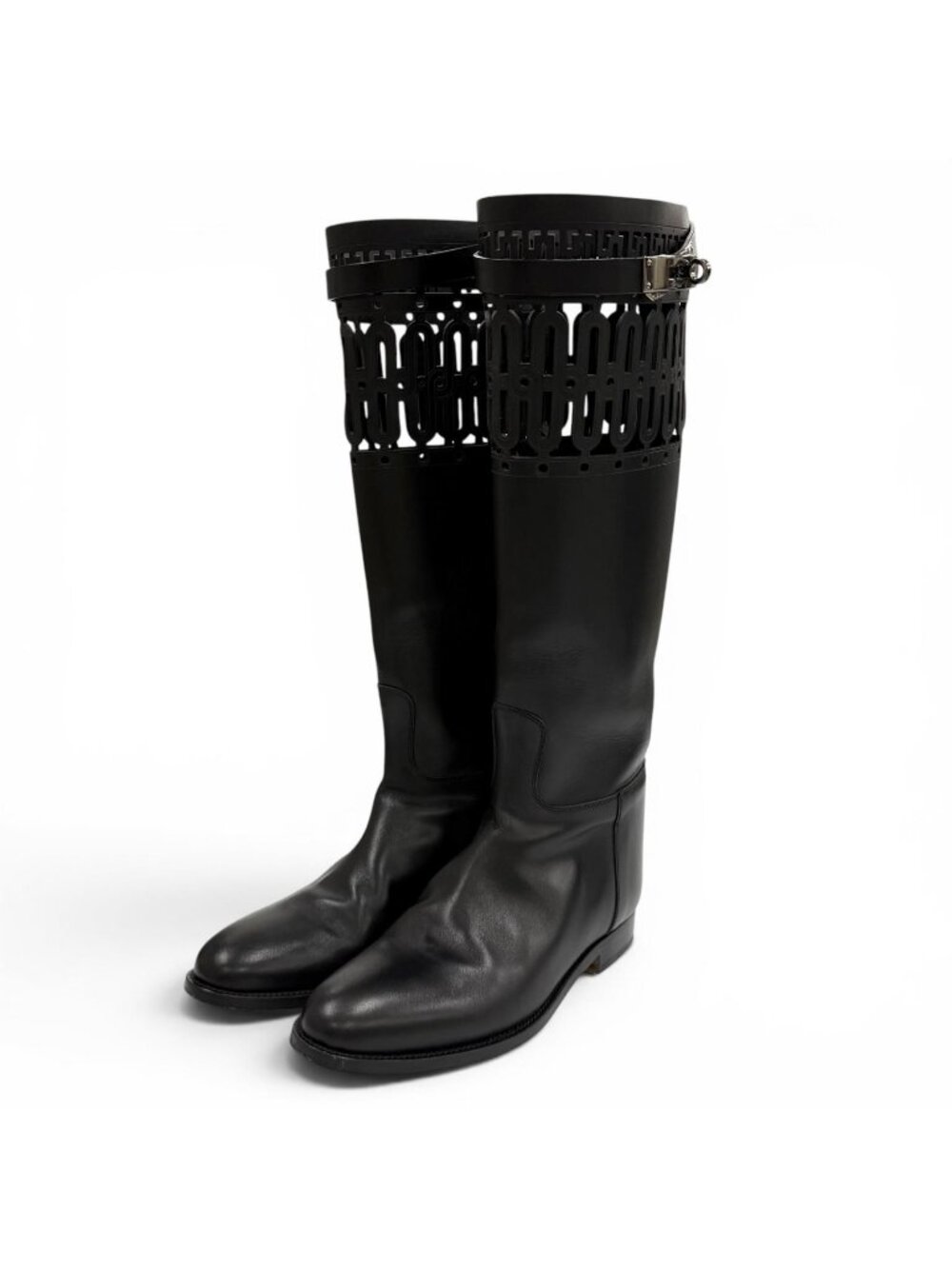 Hermes Jumping Silver Kelly Buckle Leather Long Boots Black